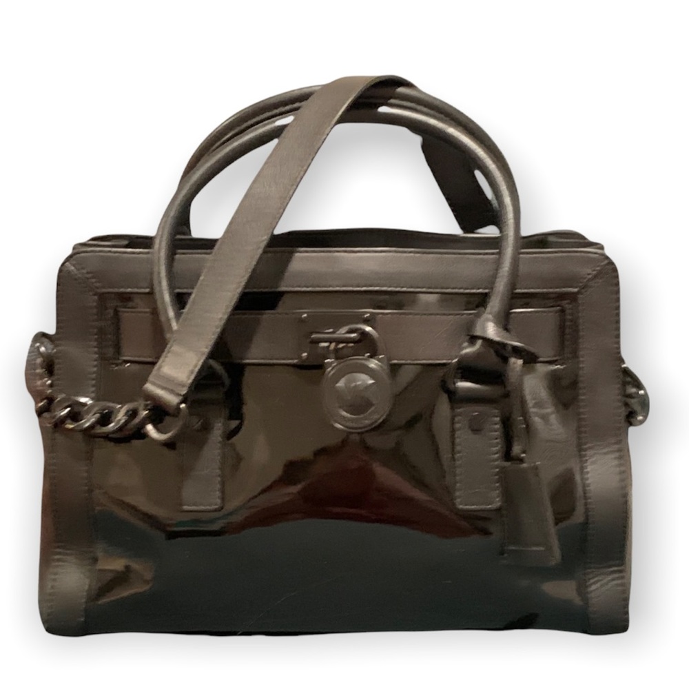 Michael Kors East West Hamilton Frame Black Patent Leather Satchel